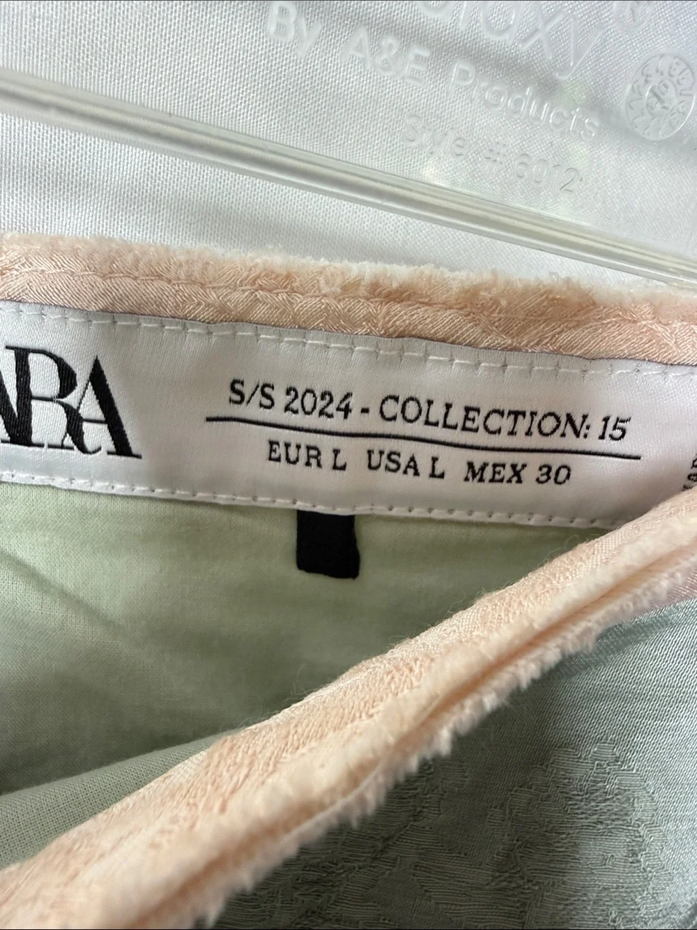 Zara Sage Green, Pink & White Jacquard Textured Pants with Sheer Pink Panels L